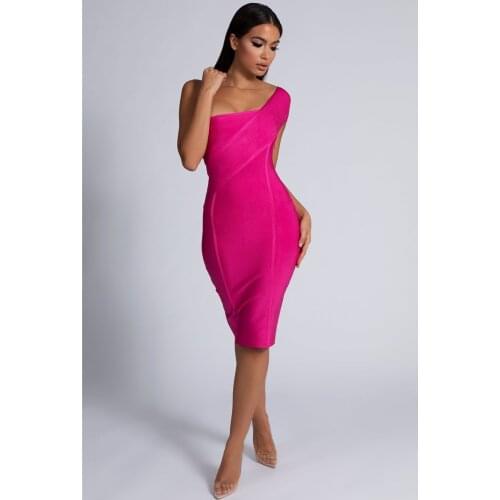 High Quality One Shoulder Sleeveless Knee Length Summer Women Bandage Dress Celebrity Evening Party Dress