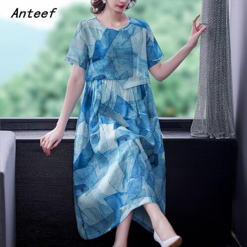 Short sleeve plus size cotton linen vintage floral dresses for women casual loose long woman summer dress elegant clothes 2021