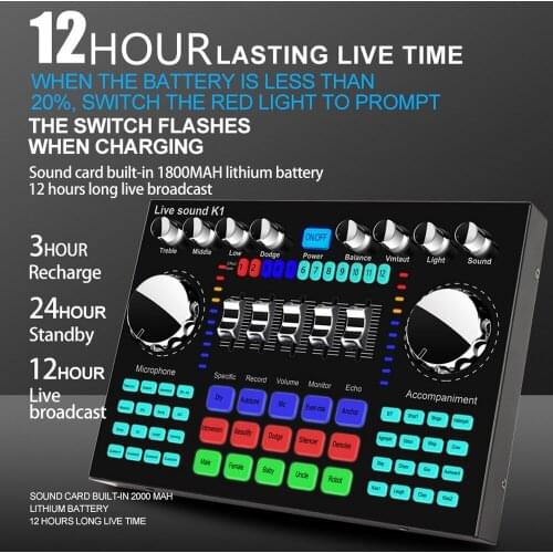 K1 Computer Phone Voice Changer USB Charging HiFi Live Sound Card Mixer Board Streaming Audio 5.0 Universal for Live Broadcast