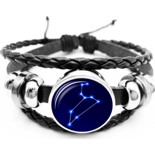 2020Blue Starry Sky 12 Constellation Charm Bracelet Glass Cabochon Black Leather Woven Snap Bracelet Men and Women Jewelry Gifts