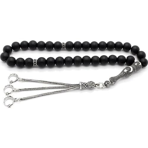 925 Sterling Silver Tassel Handmade Rosary with Onyx Stone and Moon Star Symbols