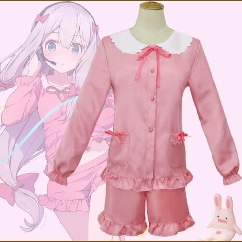 Anime Eromanga Sensei Izumi Sagiri Cosplay Costume Sleepwear Pink Pajamas (Shirt+Shorts+Headwear) for Adult Women Fancy Party