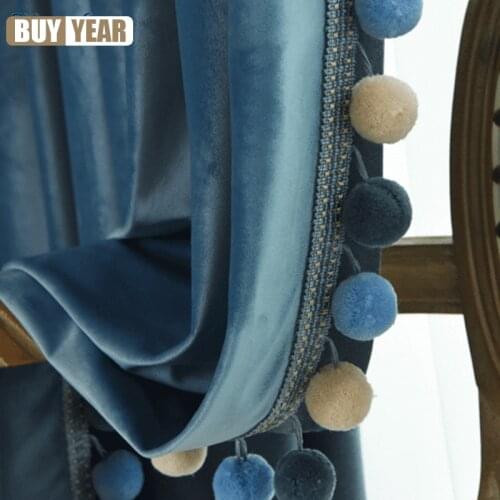 New Color Velvet Blackout Window Curtain With Pompon Decoration Ball High Shading Solid Color For Living Room Bedroom Curtain