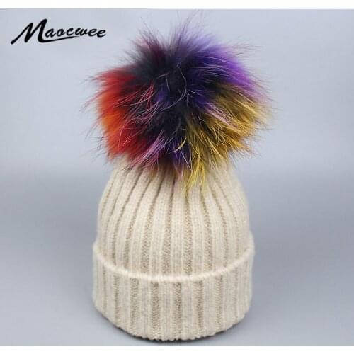 Children Girl Colorful Pompom Hat Real Mink Raccoon Fur Women Winter Beanies Skullies Pompom Hat Cap with Pompons Hats Cute Bon