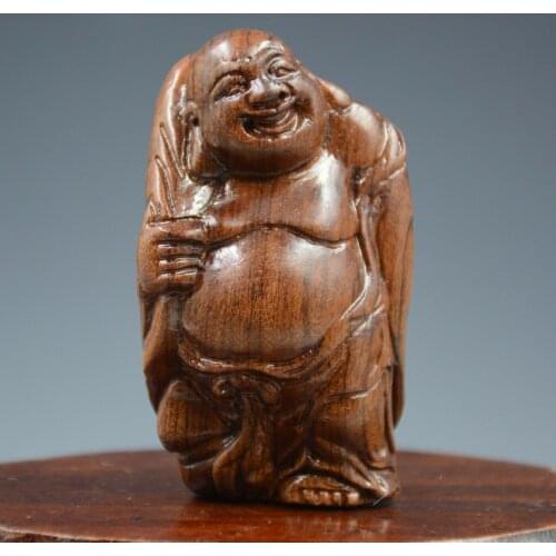 Chinese Boxwood Hand-carved Luohan Buddha Statue Maitreya Buddha Laughing Buddha