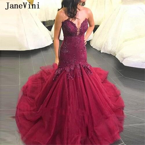 JaneVini 2020 Charming Arabic Burgundy Mermaid Long Evening Dresses Strapless Lace Appliques Beaded Tulle Sexy Women Dinner Gown