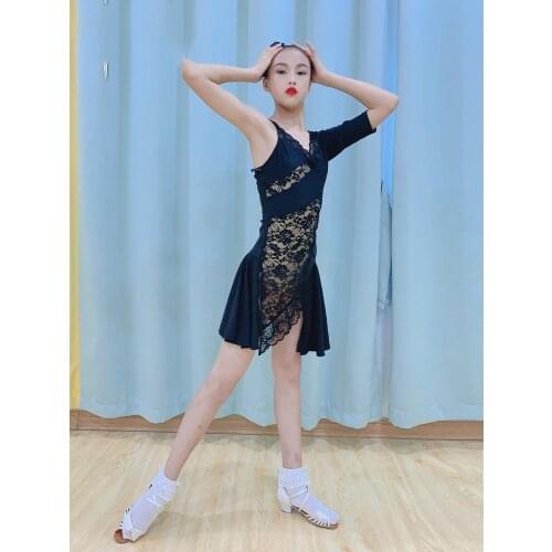 2021 Black Latin Dance Clothes For Girls Children Latin Dance Practice Clothes Single-Sleeved Lace Performance Clothes SL4591