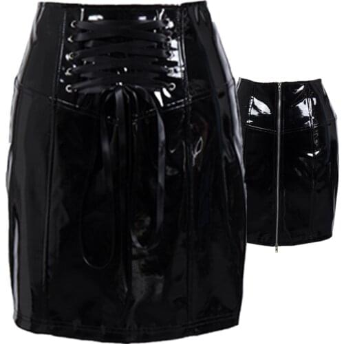 S-3XL Black High Waist Skirt Sexy Club Latex PVC Leather Pencil Skirt Lace Front Zipper Back Vinyl Shiny Bodycon Skirts