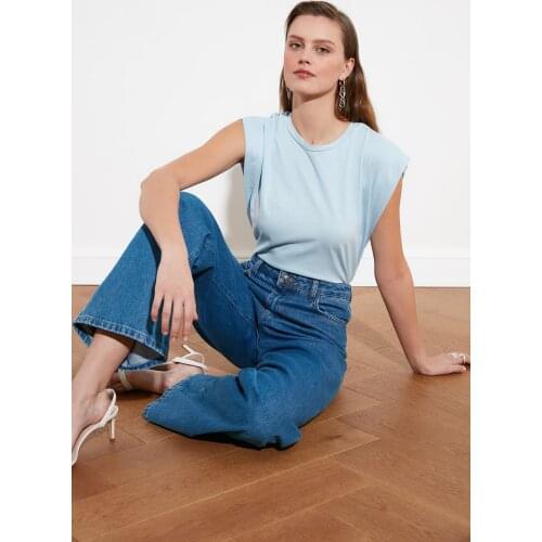 Blue Sleeveless Basic Female Casual Knitted T-Shirt Summery Fashion Design Daily