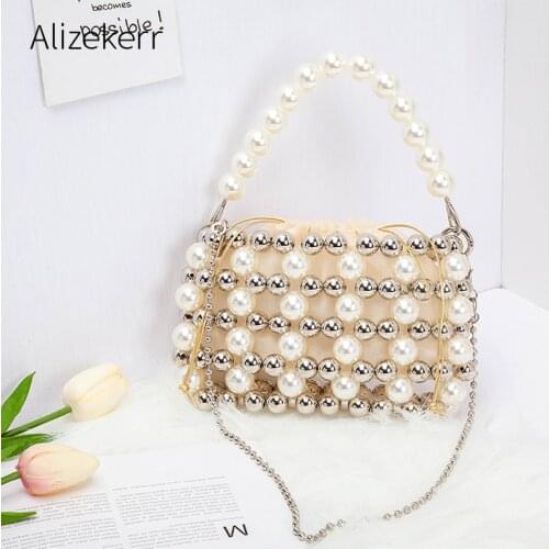 Silver Colour Blocking Pearl Handbag 2021 New Korean Luxury Handmade Hollow Out Beaded Chain Shoulder Crossbody Bag For Wedding
