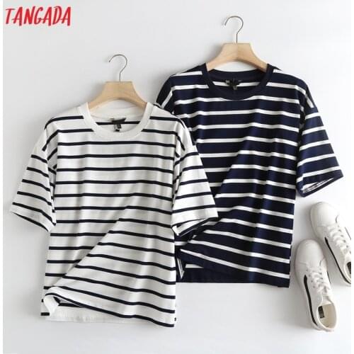 Tangada 2021 Women Striped Print Cotton T Shirt Short Sleeve O Neck Tees Ladies Casual Tee Shirt Street Wear Top 6D68