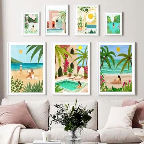 Tropical Woman Sun Coconut Tree Monstera Wall Art Canvas Painting Nordic Posters And Prints Wall Pictures For Living Room Decor