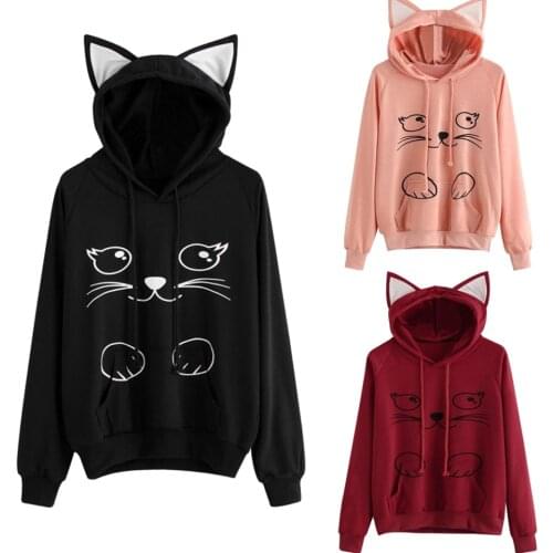 College Sweatshirt Cat Ear Face Print Hoodies School Poleron Mujer 2020 Women Cute Clothes Pullover Pocket Hoodie Kawaii Fashion