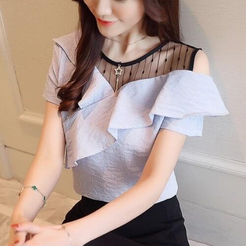 Womens Chiffon Shirt Top Net Yarn Ruffled Strapless Shirt 2021 Summer Short Sleeve Womens Tops
