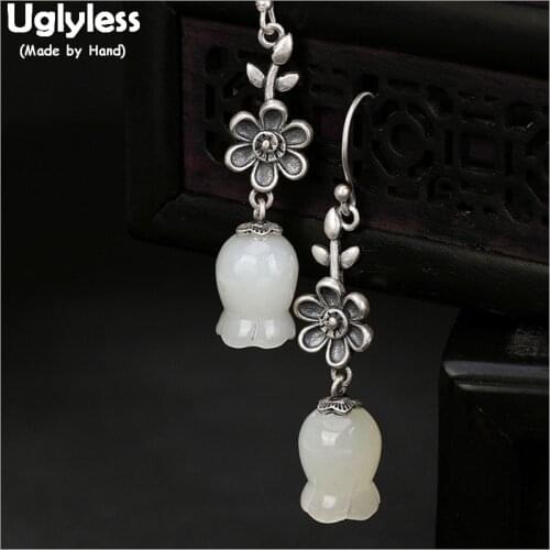 Uglyless 100% Real Solid 925 Sterling Thai Silver Nature Jade Flower Earrings Lily of the valley Earrings for Women Fine Jewelry