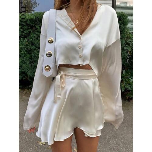 Fantoye Casual Satin Two Piece Dress Set For Women White O-neck Button Top Bandage Mini Pencil Skirts Outfits Fashion Party Suit