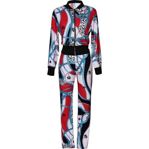 Womens Chain Print Long Coat Top And High-Waist Trousers Two-Piece Suit