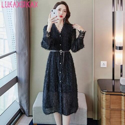 New Spring Autumn Women Long Sleeve Dress High-end Custom V-Neck Single-breasted Cardigan Feather Lace Dress Elegant Dress
