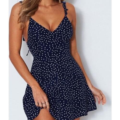 Summer Polyester Womens Dress V-Neck Sleeveless Pullover Halter Polka Dot Print Backless Lace-Up Fashion Office Lady Dress