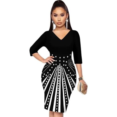 RStylish 2021 New Autumn Women Black Patchwork Vintage Geometric Print V-Neck Three Quarter Sleeve Midi Dresses
