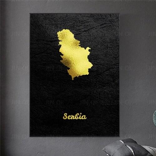 Golden Map Serbia Canvas Wall Art Print Modern Poster Wall Pictures Living Room Decor