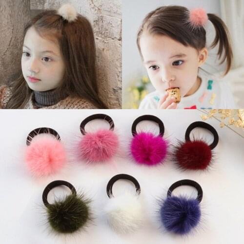 Furling Girl 1 PC Genuine Fur Pom Pom Elastic Hair Band Solid Color Mink Ball Headbands for Girls Headwear Soft Hair Accessories