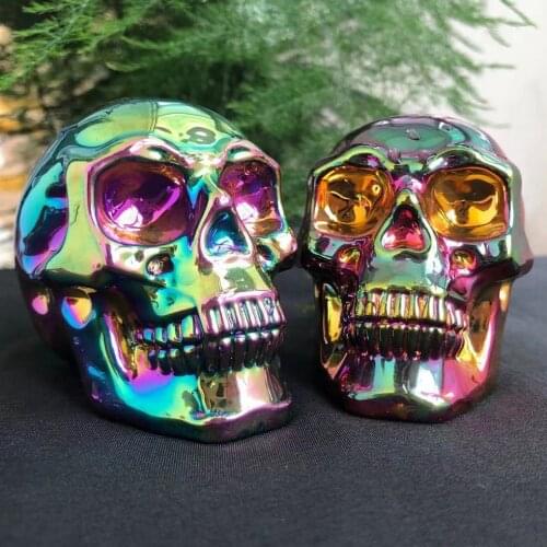 1pc about 7.5cm Angel Aura Stone Skull Rainbow Electroplating Crystal Good Carved Reiki Healing Home Decoration Random