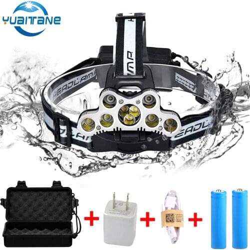 USB Rechargeable COB Headlight 80000lm Headlamp 7*T6+2*Q5 Head Lamp Flashlight Torch Head Light Lantern 2*18650 Battery