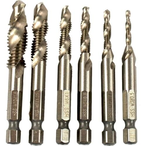 6pcs/set 1/4'' Hex HSS High Speed Steel Thread Spiral Screw M3 M4 M5 M6 M8 M10 Metric Composite Tap Drill Bit Tap