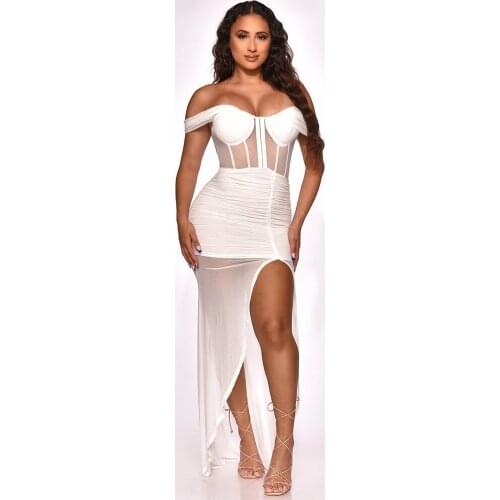Black White Sheer Mesh See Through Long Dress Women Off The Shoulder Side High Split Party Dresses Sexy Midnight Clubwear Robe