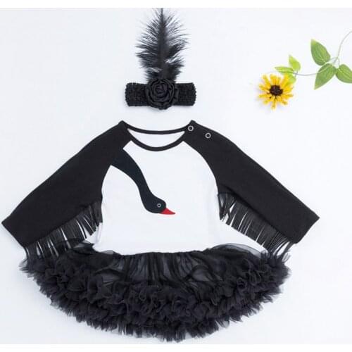 Black White Infant Baby Girls Outfits Cute Animal Swan Shaped Clothes Set Ruffles Bodysuits+Headband 2pcs Suits for Party Wear