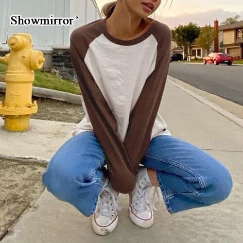 Showmirror Patchwork Brown Long Sleeve Long T Shirt Women Casual Loose Cotton T-shirt Ladies Cute Fashion Korean Tshirts