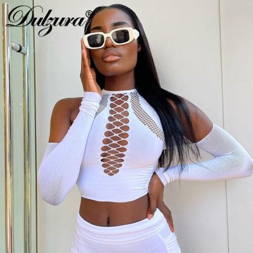Dulzura 2021 Autumn Winter Women White Hollow Out Tanks With Sleeves Cut Out Crop Top Bodycon Sexy Streetwear Casual Night Club