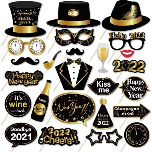 Hello 2022 Happy New Year Party Black Gold Celebrate Photo Booth Props Photobooth Props Goodbye 2021 New Year Party Decorations