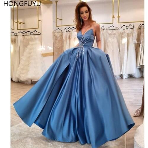 HONGFUYU Sweetheart Prom Dresses with Pockets Appliques Vestido De Fiesta Graduación Satin Formal Party Evening Gowns Side Slit