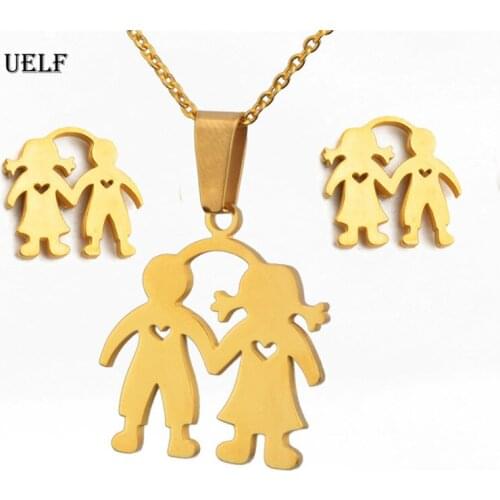 UELF Men Love Women Gold Color Stainless Steel Sets For Women Necklace Earrings Jewelry Set Mothers Valentines Day Jewelry