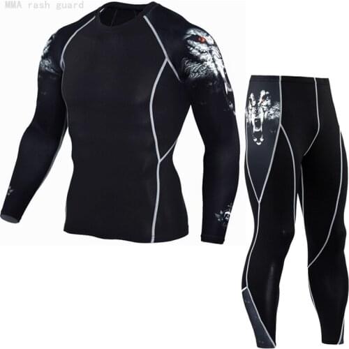 3D Wolf Mens Winter Thermal underwear Set Hot long-sleeved shirt + Warm leggings 2-piece set rash guard male Winter long johns