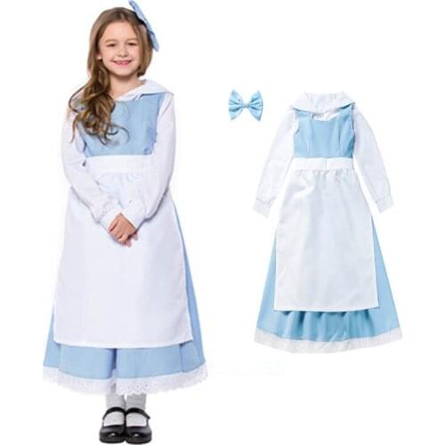 Halloween Kids Girls Beauty & Beast Belle Princess & Anice Maid Costume Child Girls Party Maid Apron Dress Fancy Uniform 4-11T
