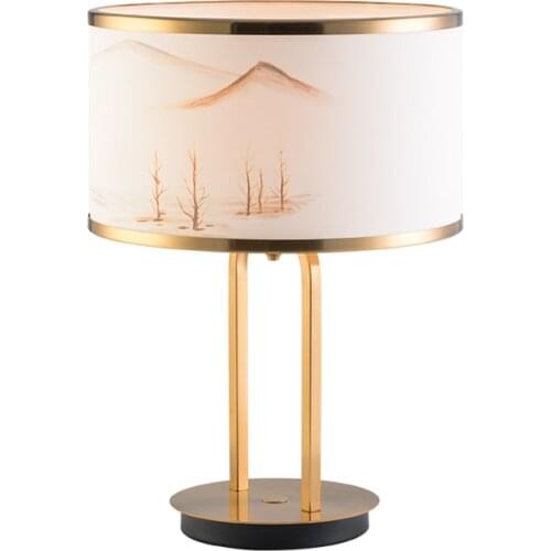 New Chinese fabric round table lamps study living room decoration lamp retro study tea room bedroom bedside gold desk lights