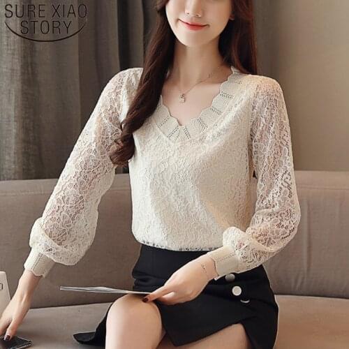 2021 New Fashion Solid Women Tops Elegant Casual Women Blouse Lace Long Sleeve V-neck Women Clothing Autumn Korean Style 5958 50