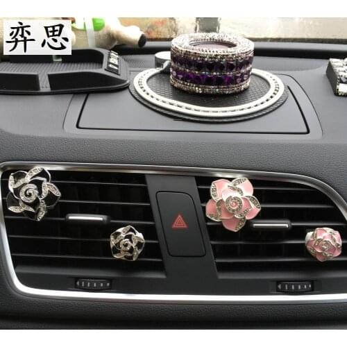 The New Diamond Car Styling Ornament Metal Camellia Ladys Car Perfume Clip Nice Flower Car Air Freshener Perfumes 100 Original
