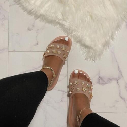 2021 summer womens new all-in-one PVC diamond-studded pearl bee slippers outdoor wild fashion beach sandals Home flip flop