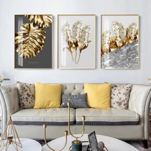 Nordic Golden Abstract Feathers Leaf Flower Canvas Painting Wall Art Prints Poster Wall Pictures For Home Room Decor (No Frame)
