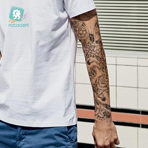 Rocooart Black Mens Temporary Tattoo Sticker Full Body Art Arm Sleeve Tattoo Large Fish Old School Design Waterproof Tatoo