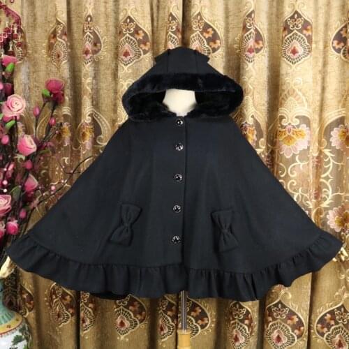 Womens Girls Lolita Wool Blend Rabbit Ears Hooded Cape Riffle Bow Cosplay Coat Cute Sweet Cloak Outwear Ponchos Long Halloween