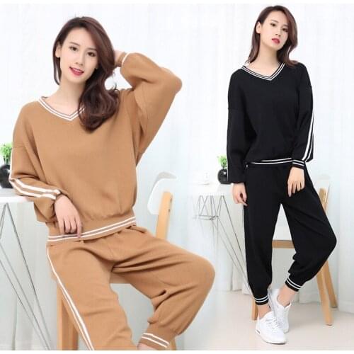 Women Sets Winter Knitted Pants suits Cashmere Pattern Knitted warm Sets V-Neck Sweater+Harlan pants Trousers Leisure Two-piece