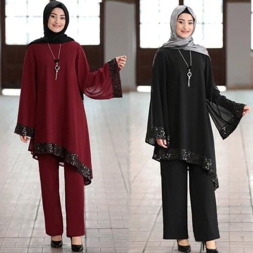 2 Piece Set Muslim Women KALENMOS Chiffon Blouse Wide Leg Pants Asymmetry Abaya Kaftan Ramadan Eid Turky Suits Islamic Clothes