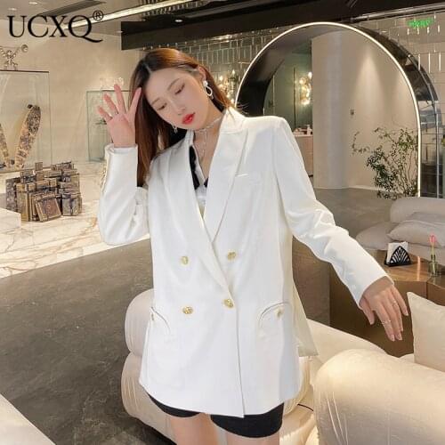 UCXQ Woman Blazer Jacket White Solid Double Breasted Notched Long Sleeve Pockets Loose Base Casual Style 2021 New Autumn 23XF230