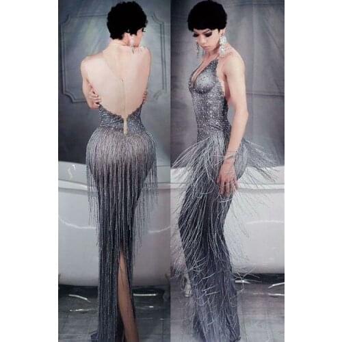New Gray Tassel Pearls Rhinestones Long Dress Women Birthday Prom Party Dress Sexy Sleeveless Singer Stage Costume Bodycon Dress