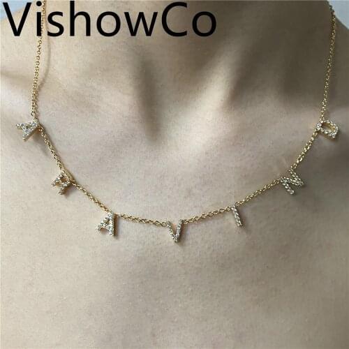 VishowCo Crystal Pendant Custom Name Necklace Personalised Stainless Steel Zircon Letter Pendant Necklace For Women Jewelry Gift